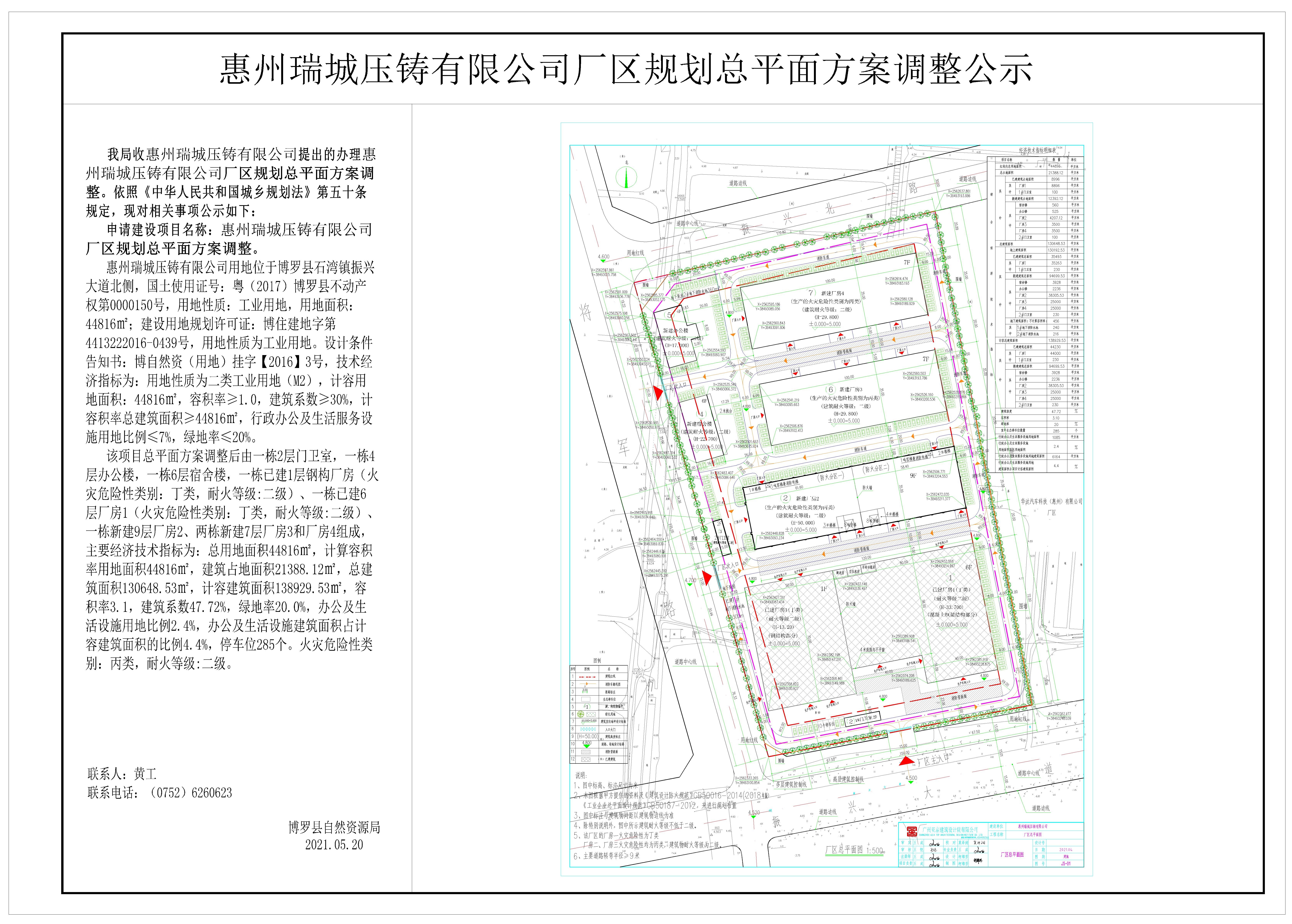 惠州瑞城压铸有限公司厂区规划总平面方案调整公示